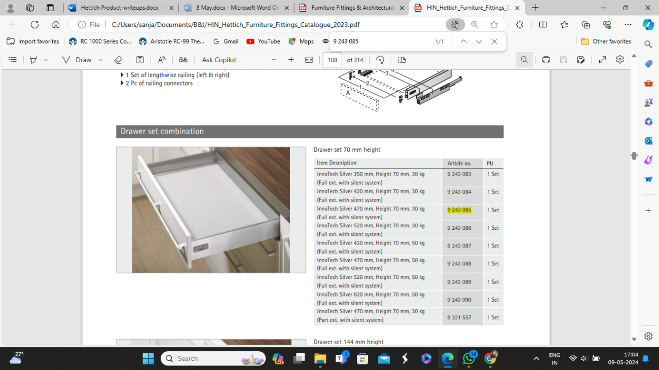 Hettich Tandem Drawers InnoTech Silver 470 mm channel Set price
