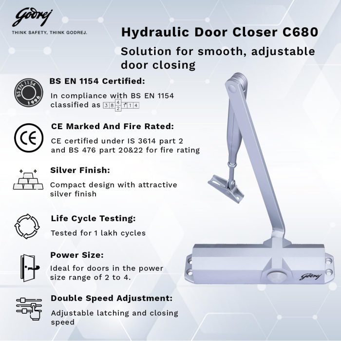 Godrej Hercules Door Closer | Rack and Pinion Mechanism | Silver Finish