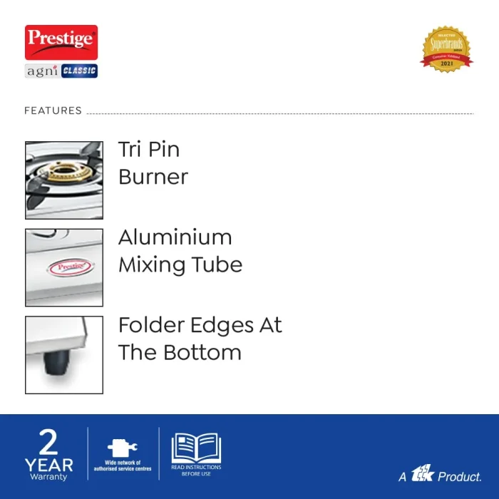 Prestige 2 Burner Gas Stove | Agni Classic | Stainless Steel
